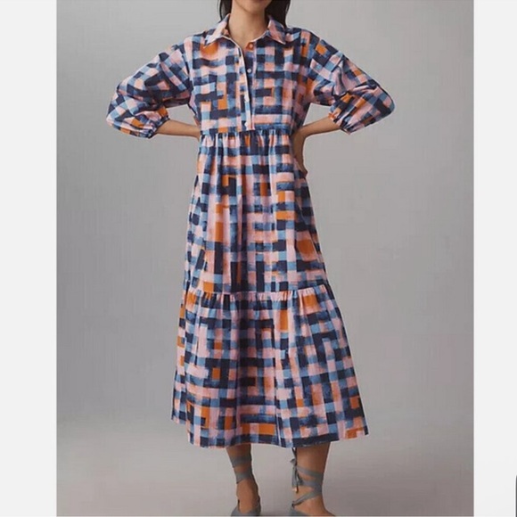 Maeve Dresses & Skirts - MAEVE ANTHROPOLOGIE The Bettina Tiered Shirt Dress Buttondown Blue Plaid Size XS
